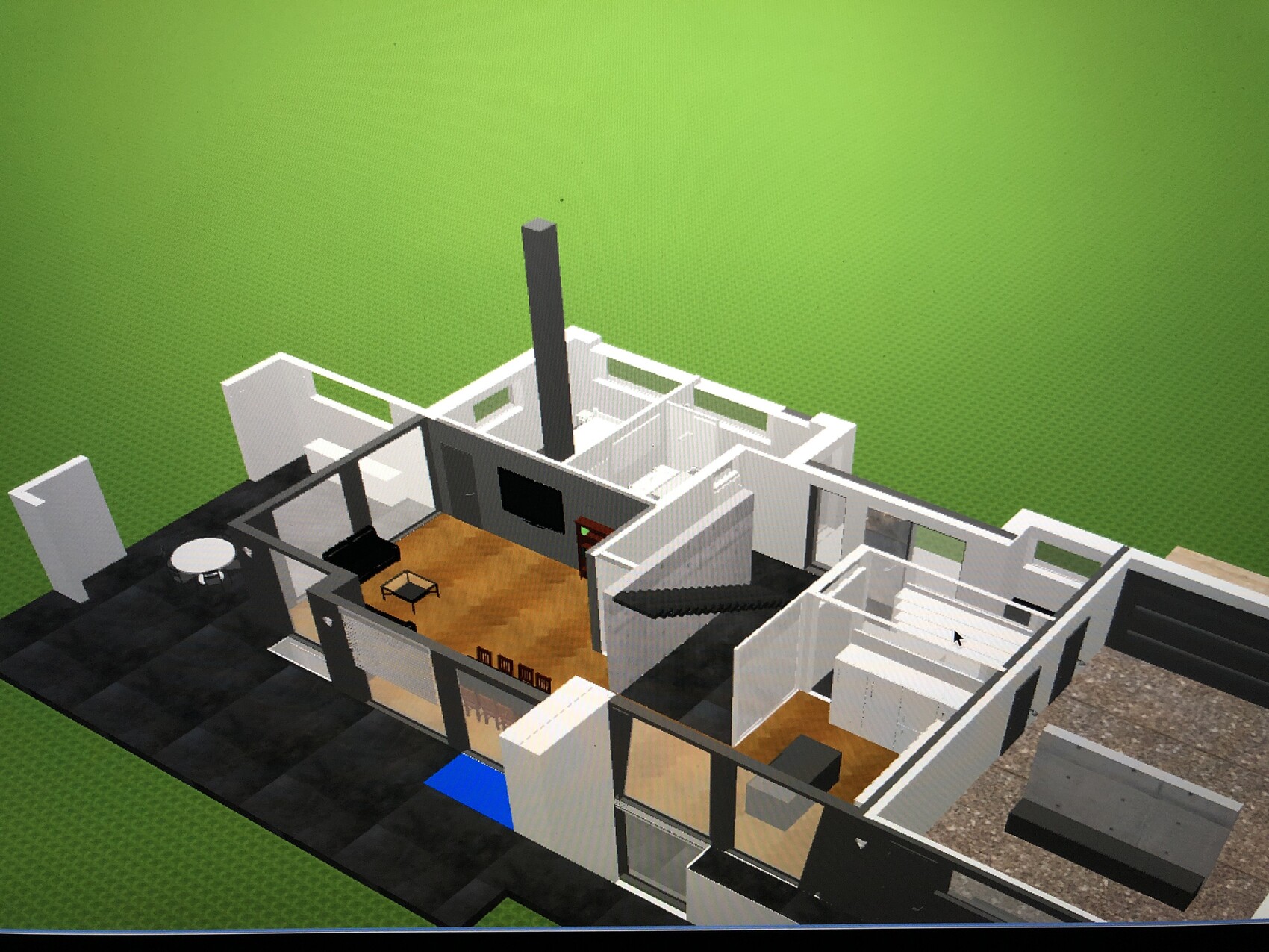 3D-Hausgrundriss mit Wohnzimmer, Treppe und Außenbereich auf grünem Hintergrund