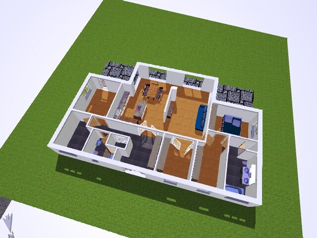 3D-Einfamilienhaus-Grundriss mit Wohnzimmer, Küche, Essbereich, Flur und Schlafzimmer.