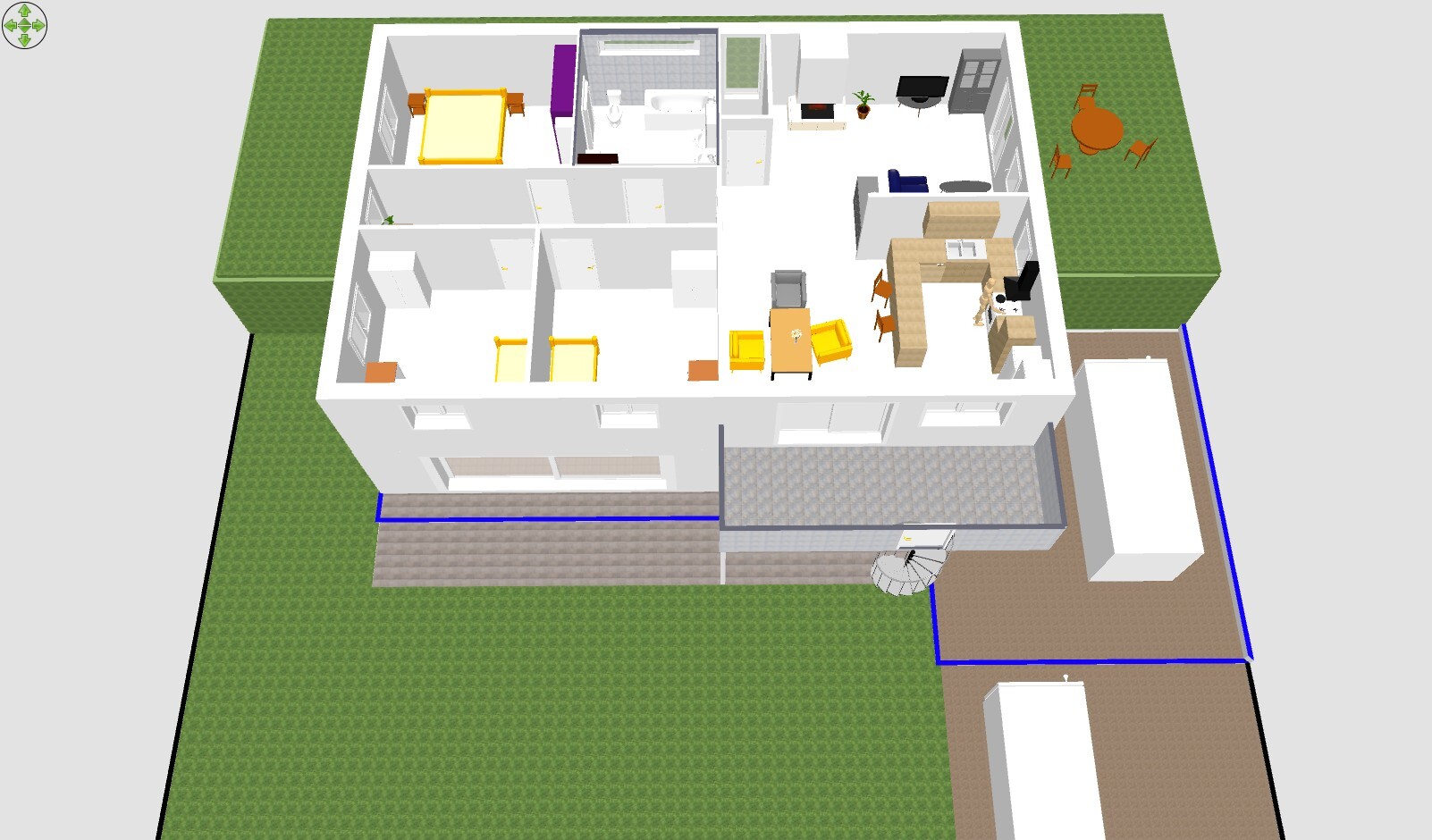 3D-Hausgrundriss zeigt Wohnzimmer, Küche, Bad und Garten – Innenraumansicht