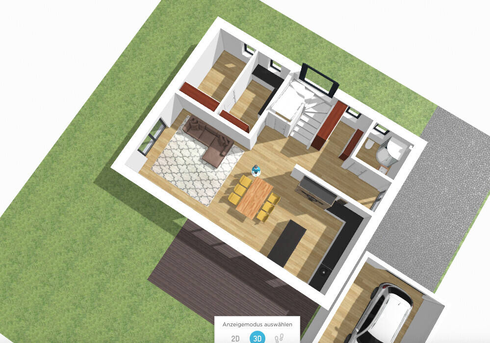 Virtueller 3D-Grundriss eines Hauses mit Wohnzimmer, Küche und Treppen