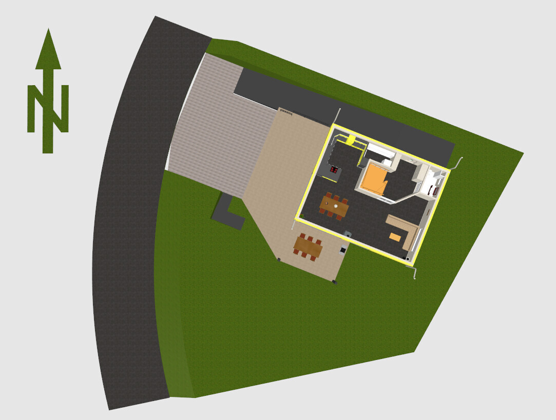 Draufsicht auf 3D-Grundriss eines Hauses mit Gartenbereich und Terrasse