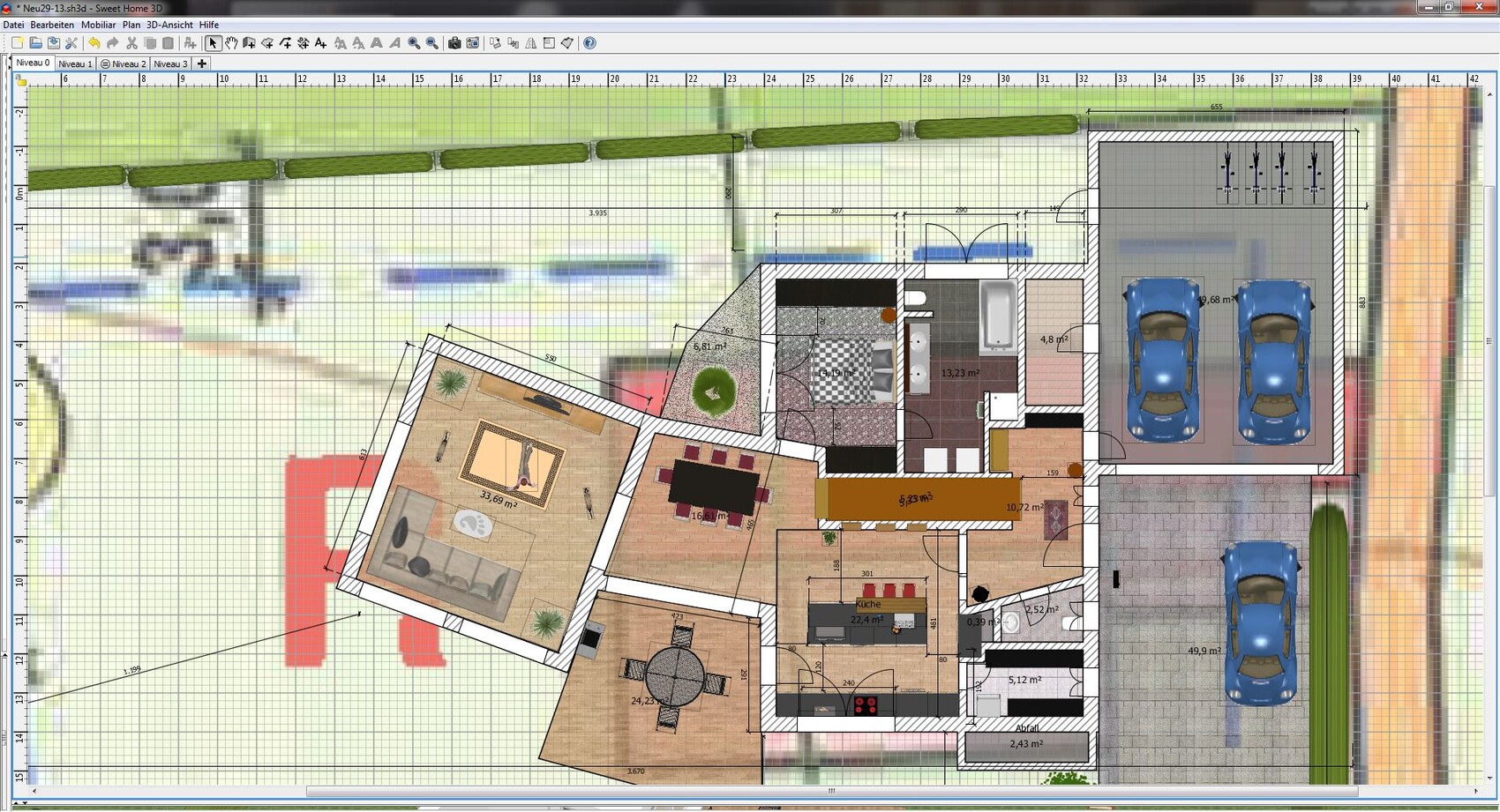 3D-Grundriss eines Hauses mit Garage, Küche und Wohnbereich