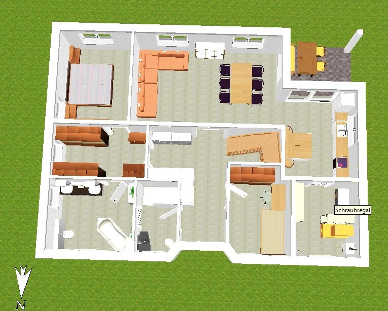 Grundriss eines Hauses mit Wohnzimmer, Essbereich, Küche, Schlafzimmer, Bad und Garten.