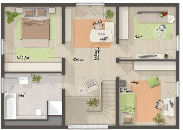 Grundriss eines Hauses mit Schlafzimmer, Bad, Galerie, Gästezimmer und Kinderzimmer, Treppe.