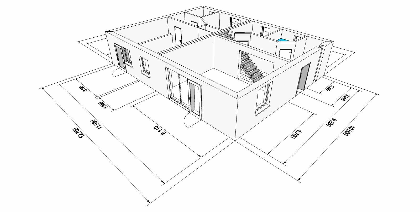 3D-Grundriss eines Hauses mit Innenräumen, Treppe und Maßlinien.