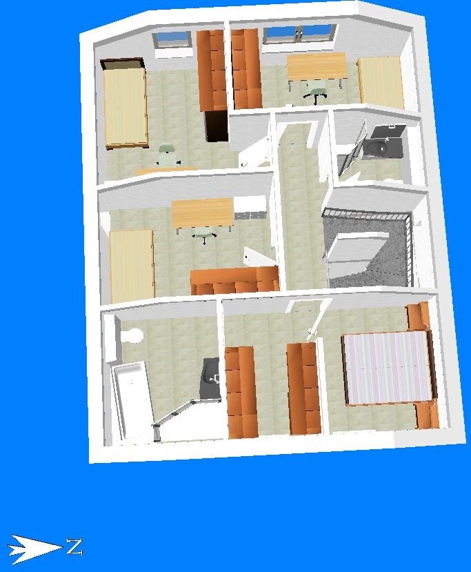 Draufsicht eines Wohnungsgrundrisses mit Schlafzimmern, Tischen, Stühlen und Sofas.