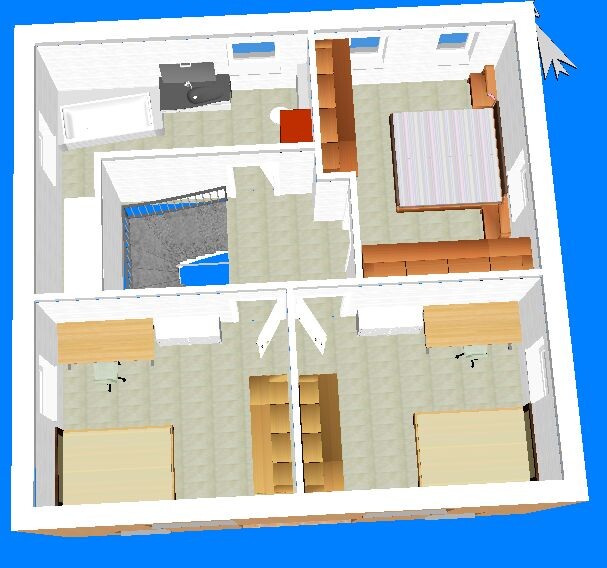 3D-Grundriss eines Wohnhauses mit Schlafzimmern, Bad, Küche und Treppenhaus.