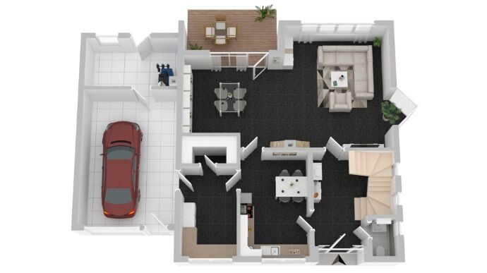 Draufsicht eines Hauses: Garage links mit rotem Auto, Wohn-/Essbereich, Küche, Treppe, Terrasse