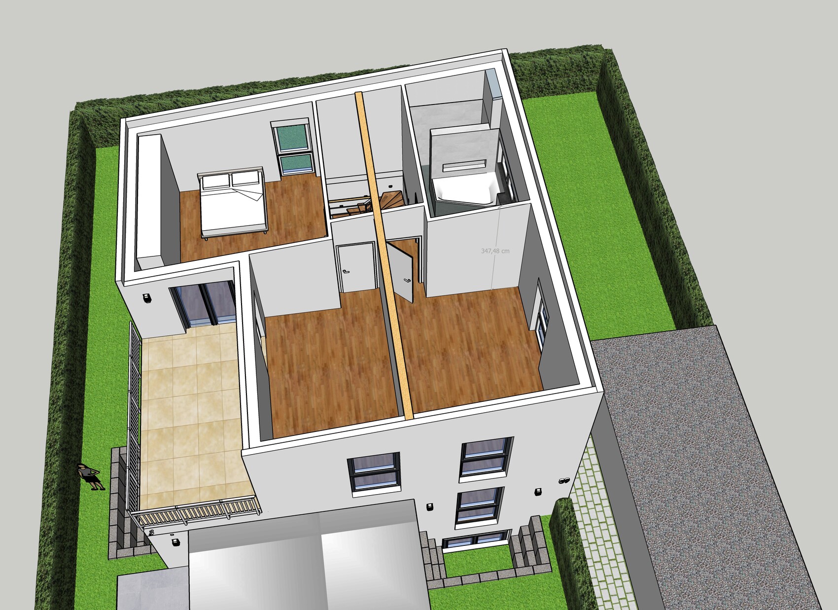 3D-Plan eines Hauses von oben: Schlafzimmer, Bad, Flur, Terrasse und Garten.