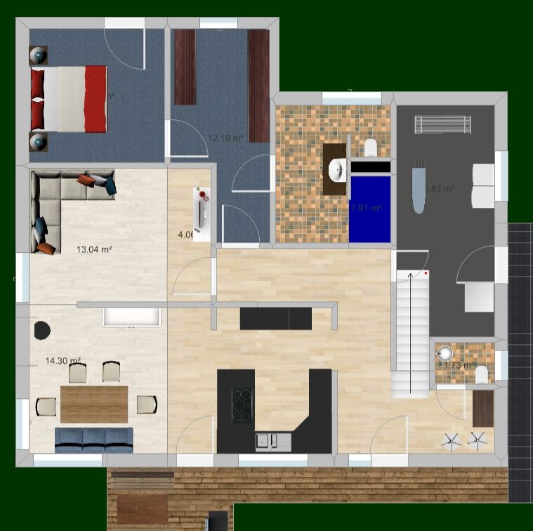 3D-Grundriss eines Hauses mit Wohnzimmer, Küche, Bad und Schlafzimmer