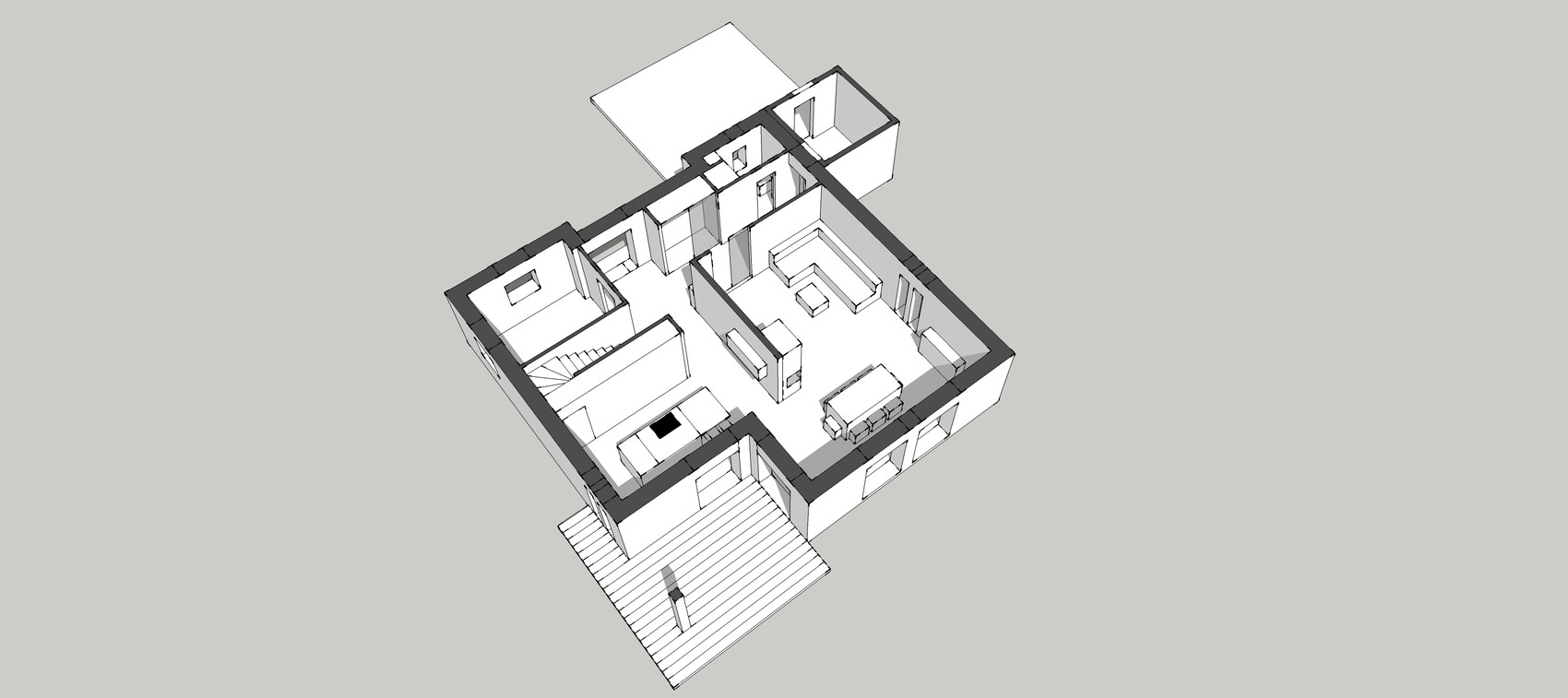 3D-Grundriss eines Hauses von oben mit Wohnzimmer, Küche und Treppen