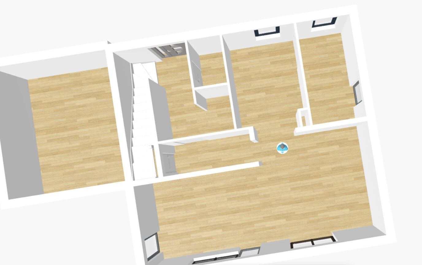 Isometrischer Grundriss einer Wohnung: Treppe links, Holzboden, Räume, Personen-Symbol in Mitte