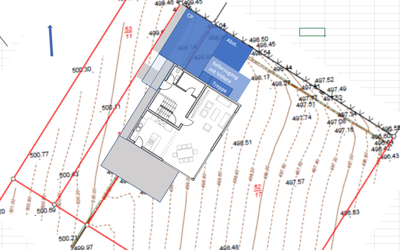 Grundriss eines Hauses auf topografischer Konturkarte mit Kellerzugang und Treppe