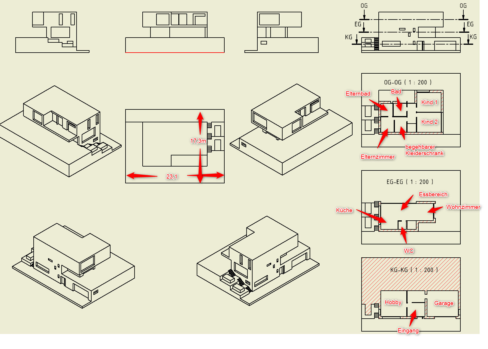 Moderne Hausentwürfe: 3D-Modelle und Grundrisse mit Küche, Essbereich und Wohnzimmer.