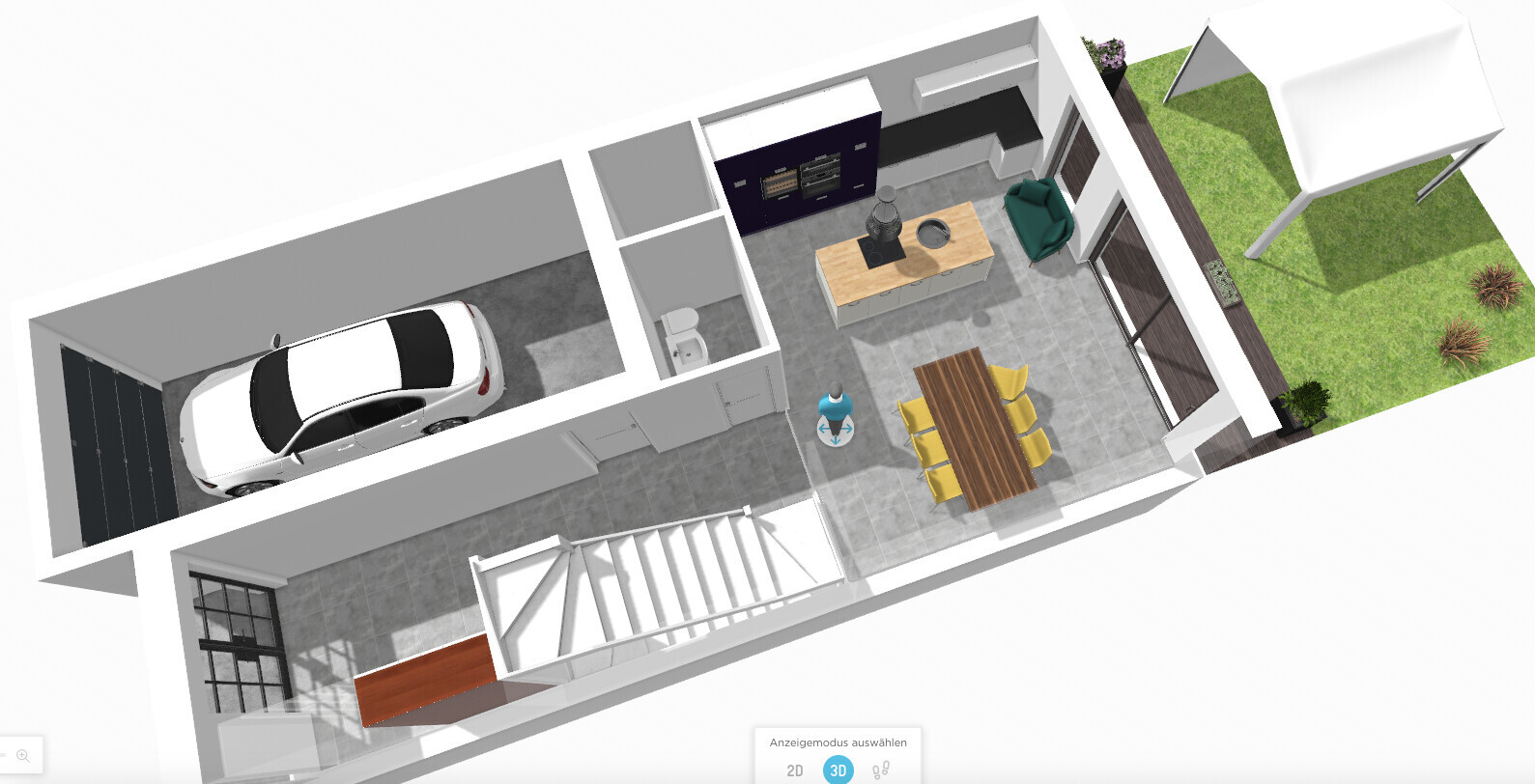 3D-Grundriss: Garage mit Auto, offene Küche, Essbereich, Wohnzimmer, Garten
