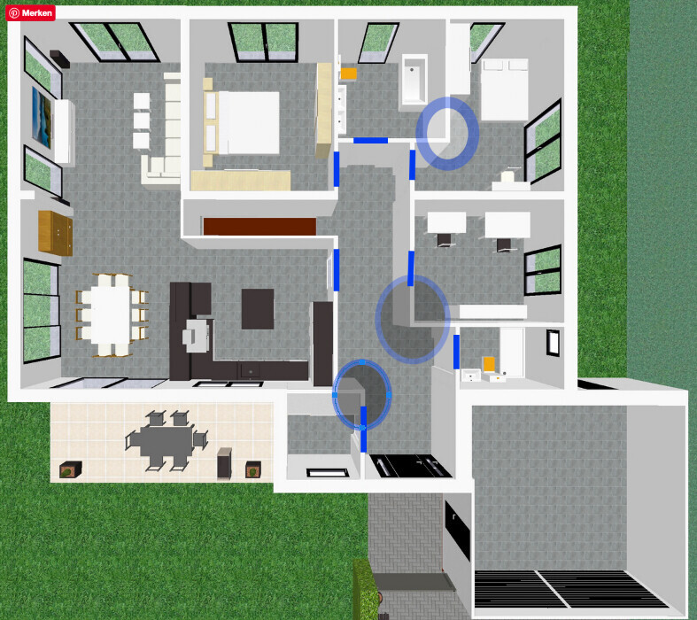 Grundriss eines Hauses mit Wohnzimmer, Küche, Esszimmer, Schlafzimmer, Bad, Flur, Terrasse/Garten.