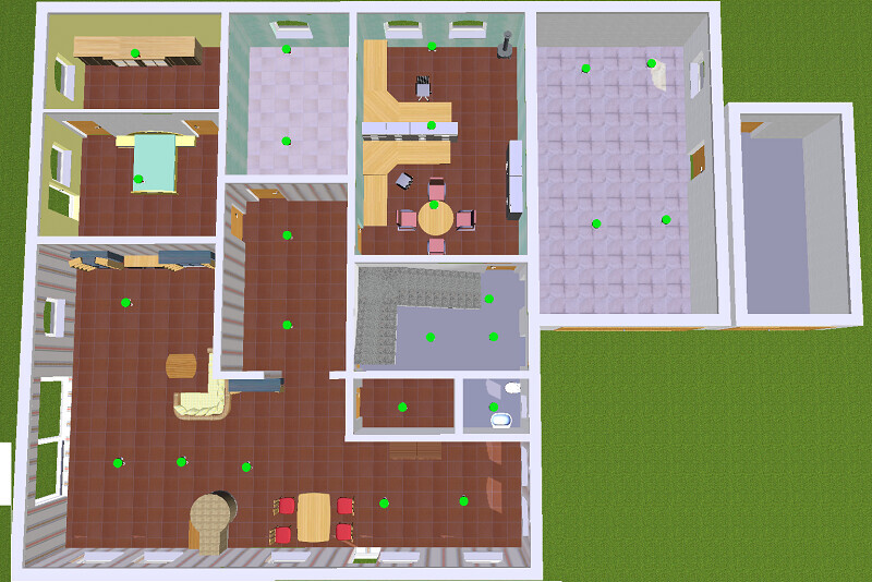 Top-Down-Grundriss eines Hauses von oben mit Räumen, Möbeln und Gartenbereich.