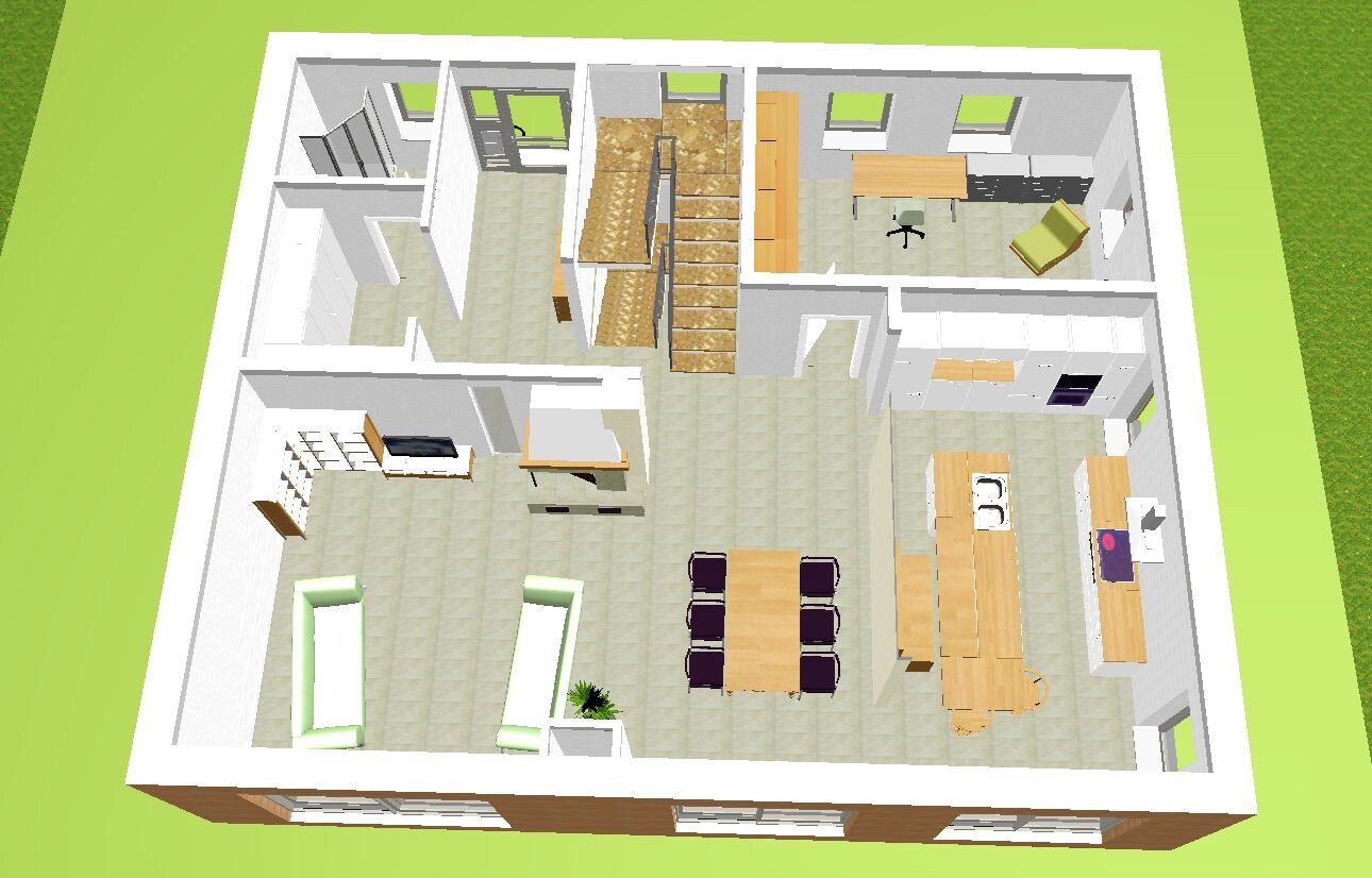 3D-Grundriss eines Hauses: Wohnzimmer, Esszimmer, Küche, Büro, Treppenaufgang