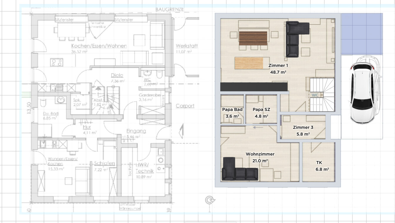 3D-Grundriss eines Hauses mit Wohnzimmer, Küche, Flur, Schlafzimmern und Carport.