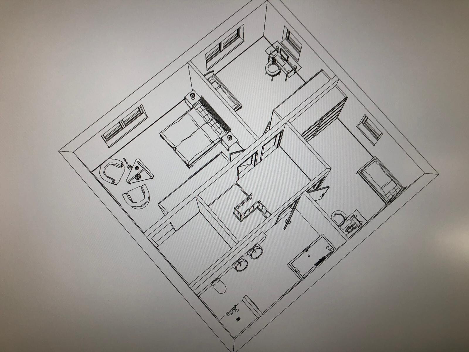 Isometrischer Grundriss eines Apartments mit Schlafzimmer, Arbeitsbereich, Bad und Küche.