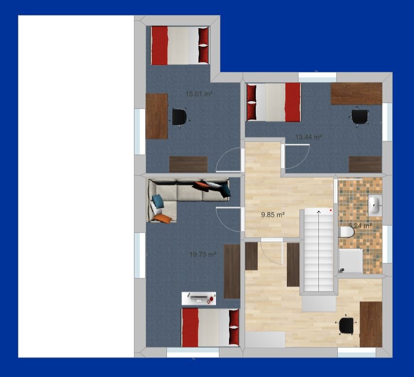 Grundriss eines Wohnhauses: Mehrere Zimmer mit Betten, Sofa, Schreibtischen, Treppe, Bad.