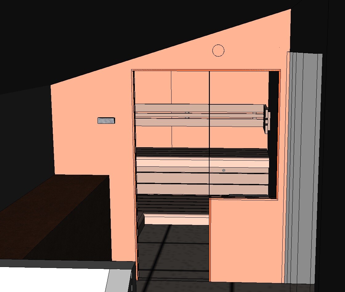 3D-Render eines peachfarbenen Innenraums mit Türöffnung und horizontalen Geländern