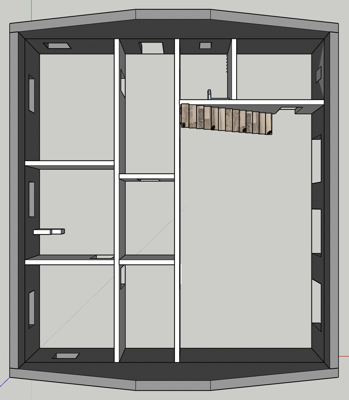 3D-Grundriss eines Innenraums mit Treppe und Trennwaenden
