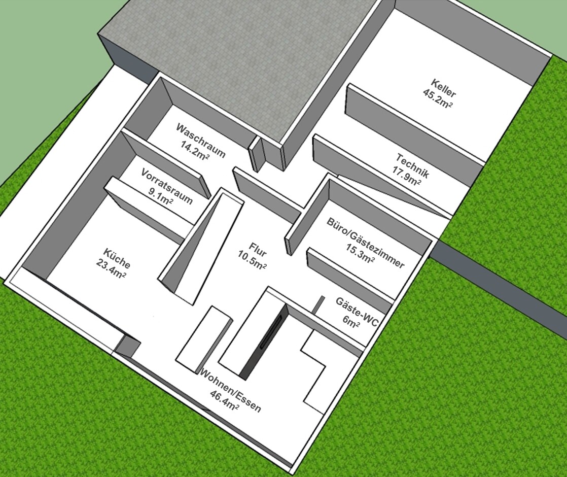 3D-Grundriss Kellergeschoss mit Küche, Vorratsraum, Waschraum, Technik und Gästezimmer