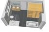 3D-Grundriss einer kleinen Wohnung mit Bett, Küche und Bad