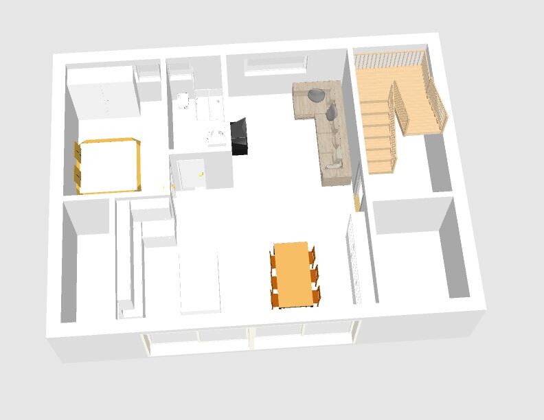 Isometrischer Grundriss eines Apartments: Schlafzimmer, Küche, Essbereich und Treppe.