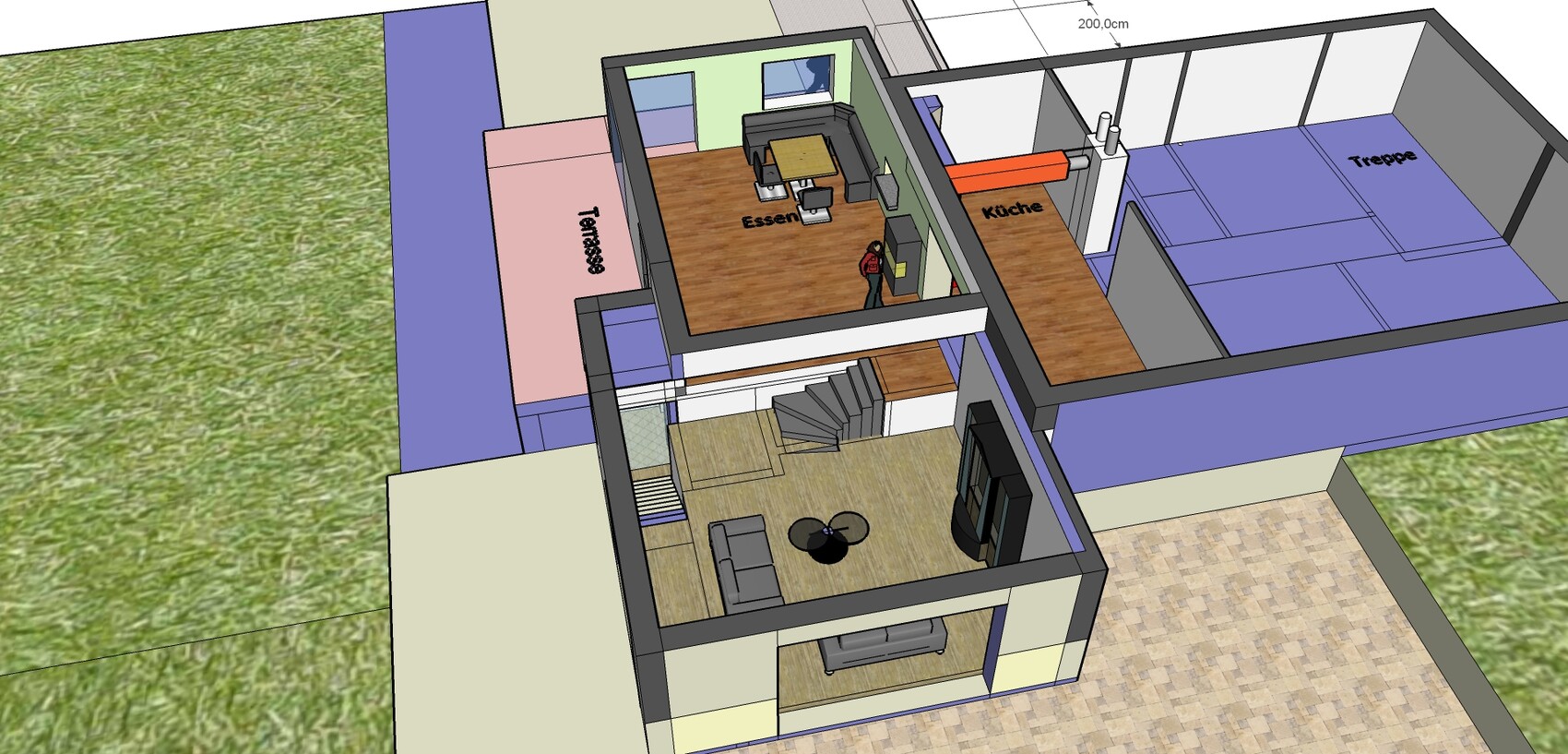 3D-Hausplan: Wohnzimmer unten, Treppe, Küche/Essen oben, Terrasse außen.