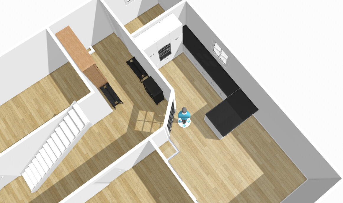 3D-Floorplan: offener Wohn- und Küchenbereich mit Treppe und Person