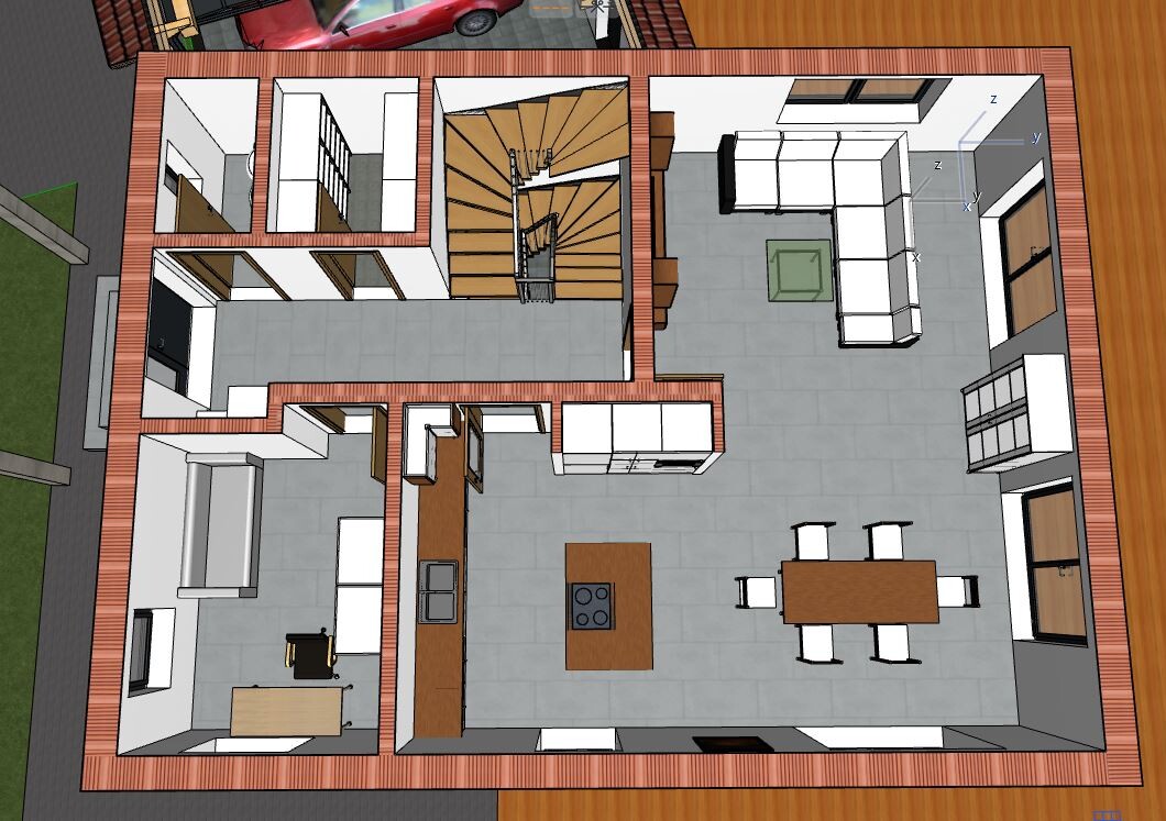 Grundriss eines Hauses von oben: Küche mit Insel, Essbereich, Wohnzimmer, Arbeitszimmer, Treppe.