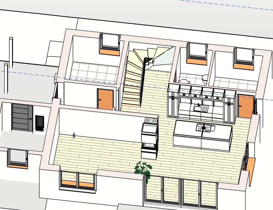 3D-Grundriss eines Küchen- und Wohnbereichs mit Treppe und Insel