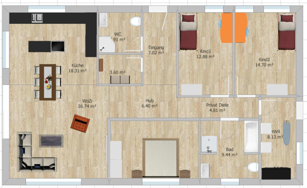 Grundriss einer Wohnung: Küche, Wohnzimmer, Flur, Bad, HWR, zwei Kinderzimmer.