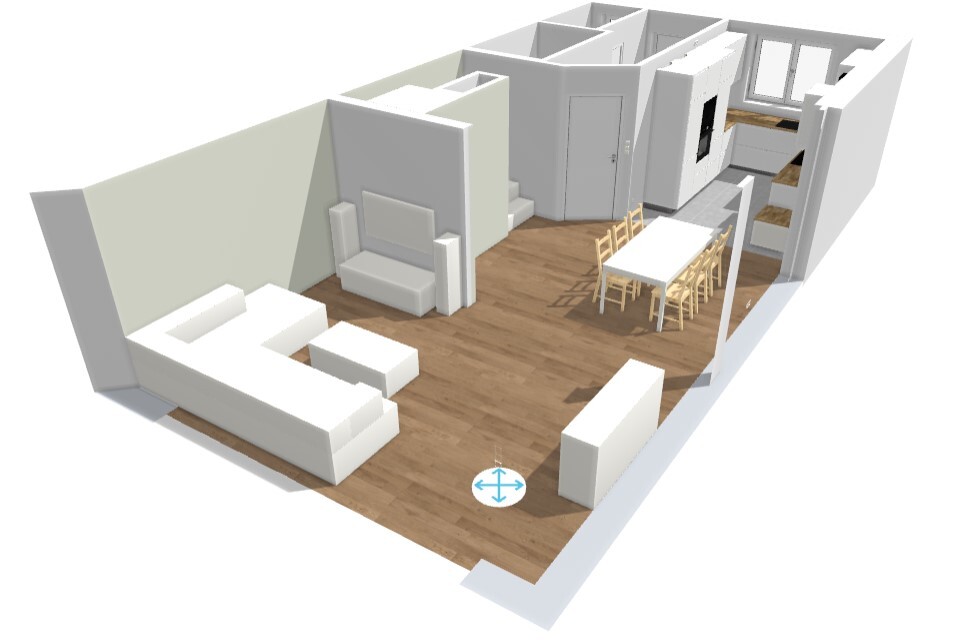 3D-Grundriss eines offenen Wohn- und Essbereichs mit Sofa, Esstisch und Küche