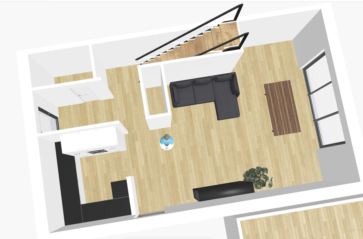 Obenansicht eines offenen 3D-Grundrisses: Küche, Esstisch, Sofa, Treppe und Fenster im Wohnbereich.