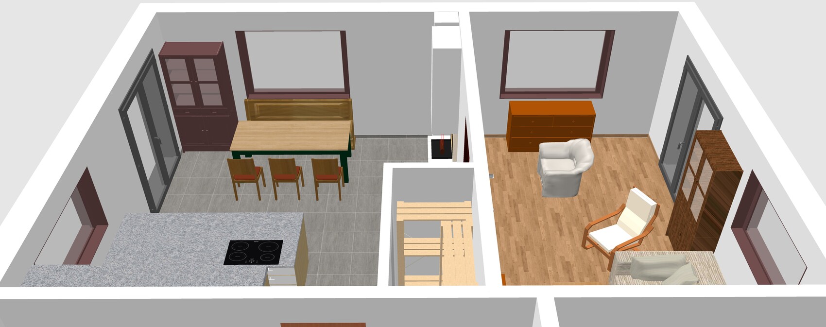 3D-Grundriss eines offenen Wohn- und Küchenbereichs mit Esstisch und Wohnzimmer