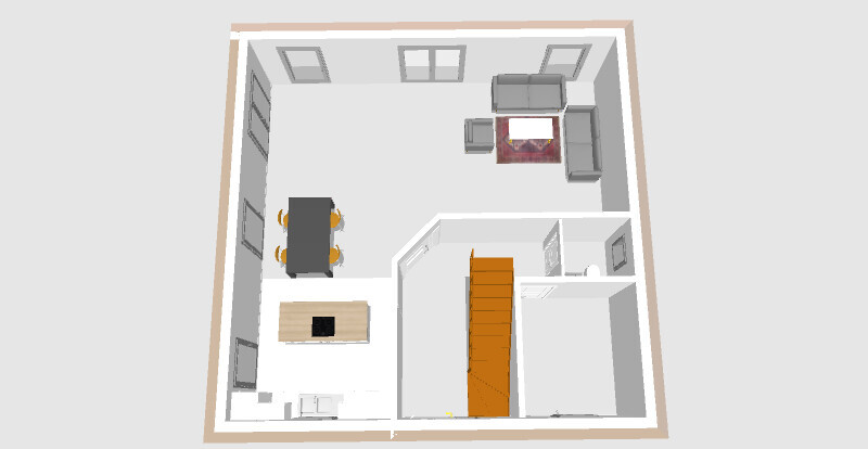 Top-Ansicht eines Hauses: Küche mit Insel, Essbereich, Wohnzimmer, Treppe.