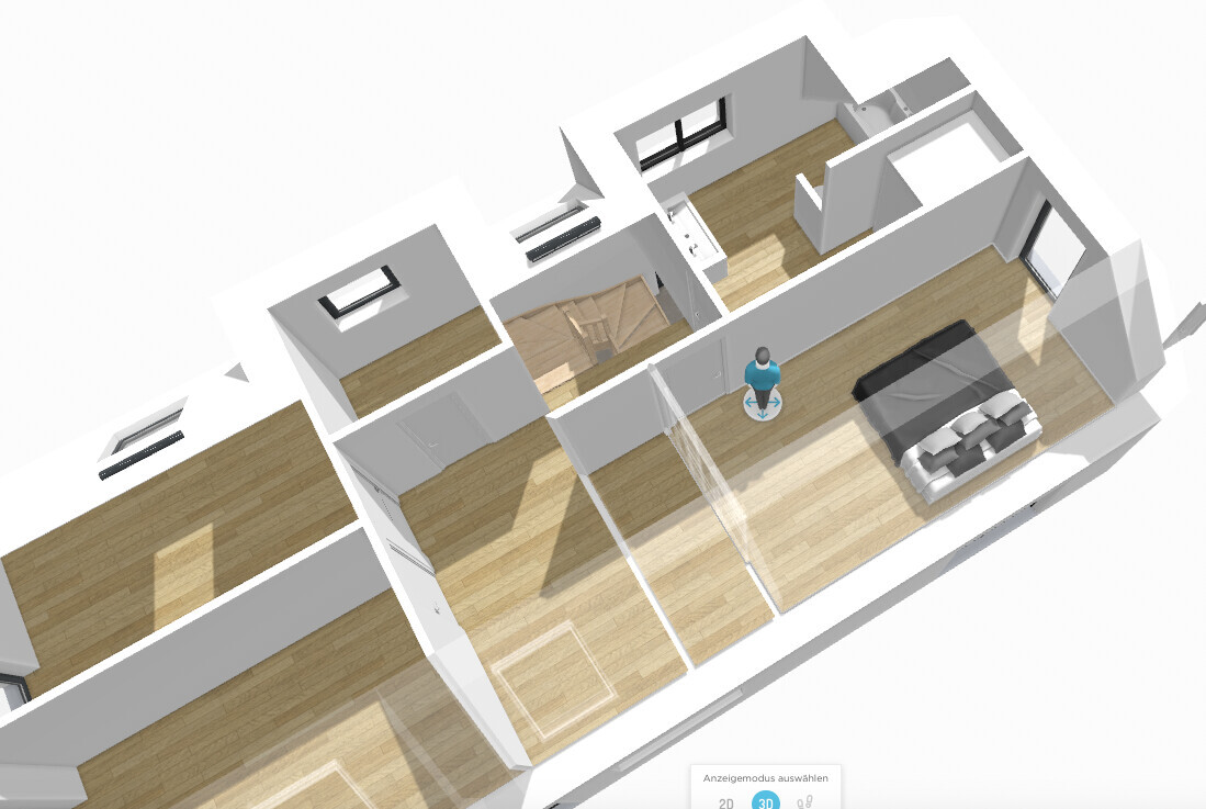 3D-Grundriss einer Wohnung: Wohnzimmer mit Sofa, Flur, Treppenhaus und weitere Räume.