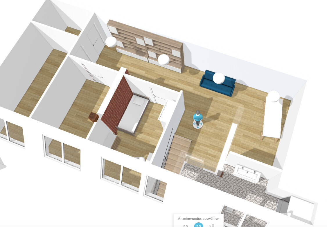 3D-Vogelperspektive eines Wohnungsgrundrisses: Schlafzimmer, Wohnzimmer mit Sofa, Bad, Treppe.
