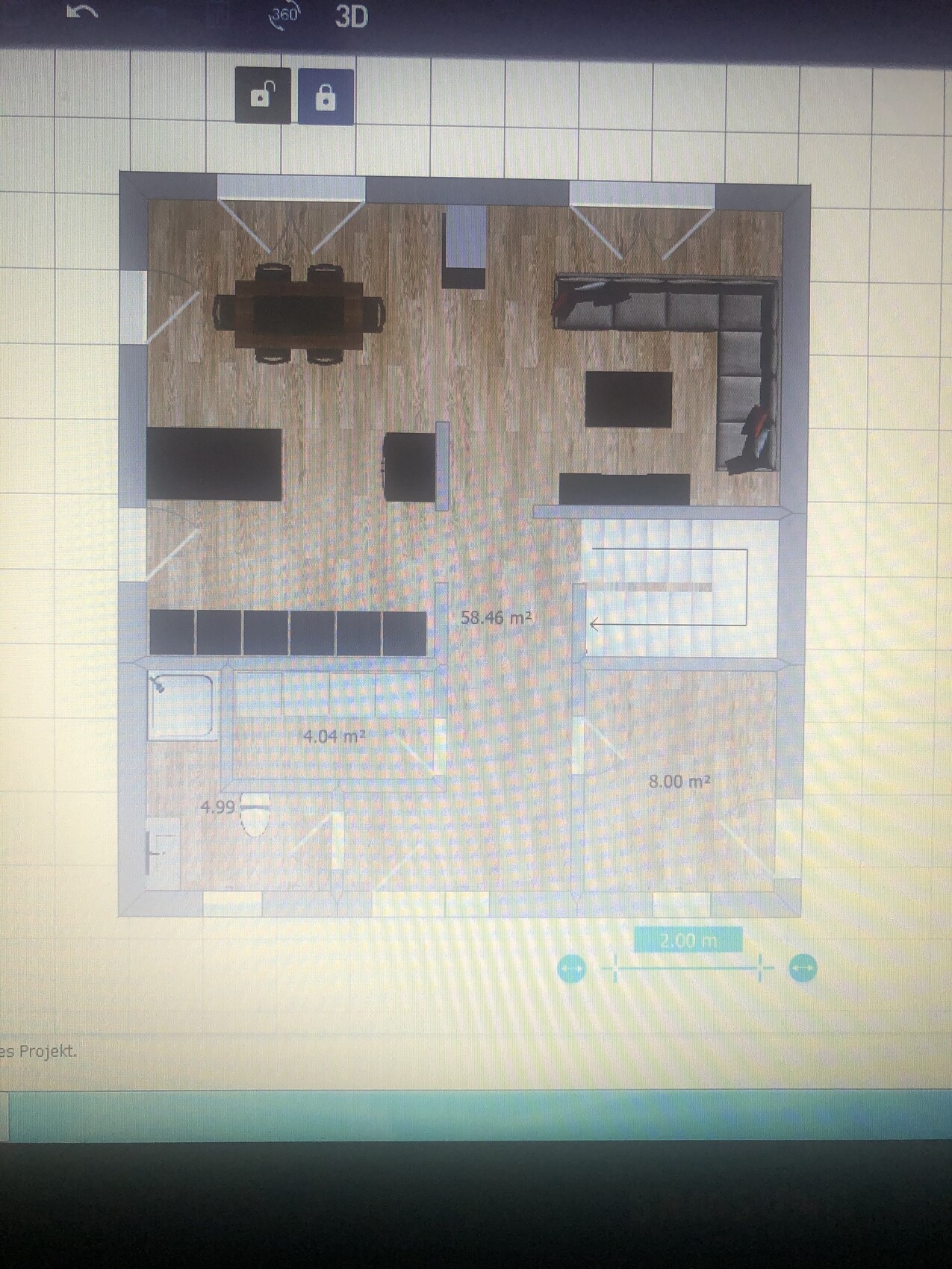 Grundriss einer Wohnung: Offener Wohn- und Essbereich mit Sofa, Esstisch und Badezimmer.