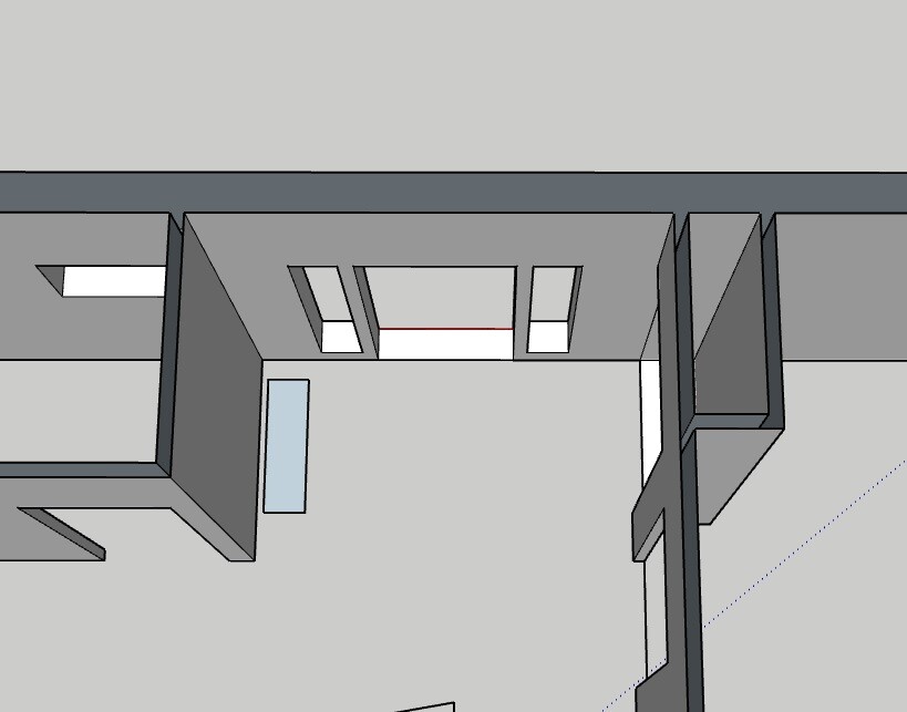 3D-Grundriss eines Innenraums mit Wänden, Türen und Fenstern in Grau.