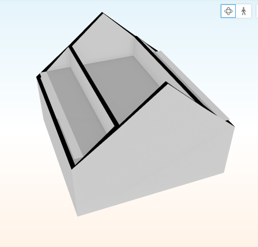 3D-Modell eines weißen Kastens mit schwarzen Innenwänden und inneren Trennwänden, zentraler Hohlraum.