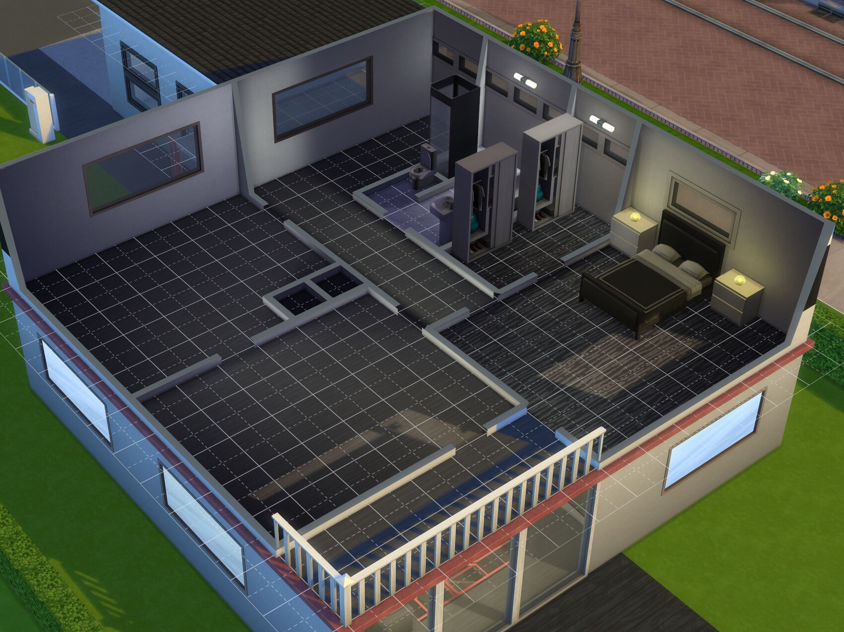 Isometrischer 3D-Grundriss eines Hauses mit Schlafzimmer, Kleiderschränken und Terrasse.