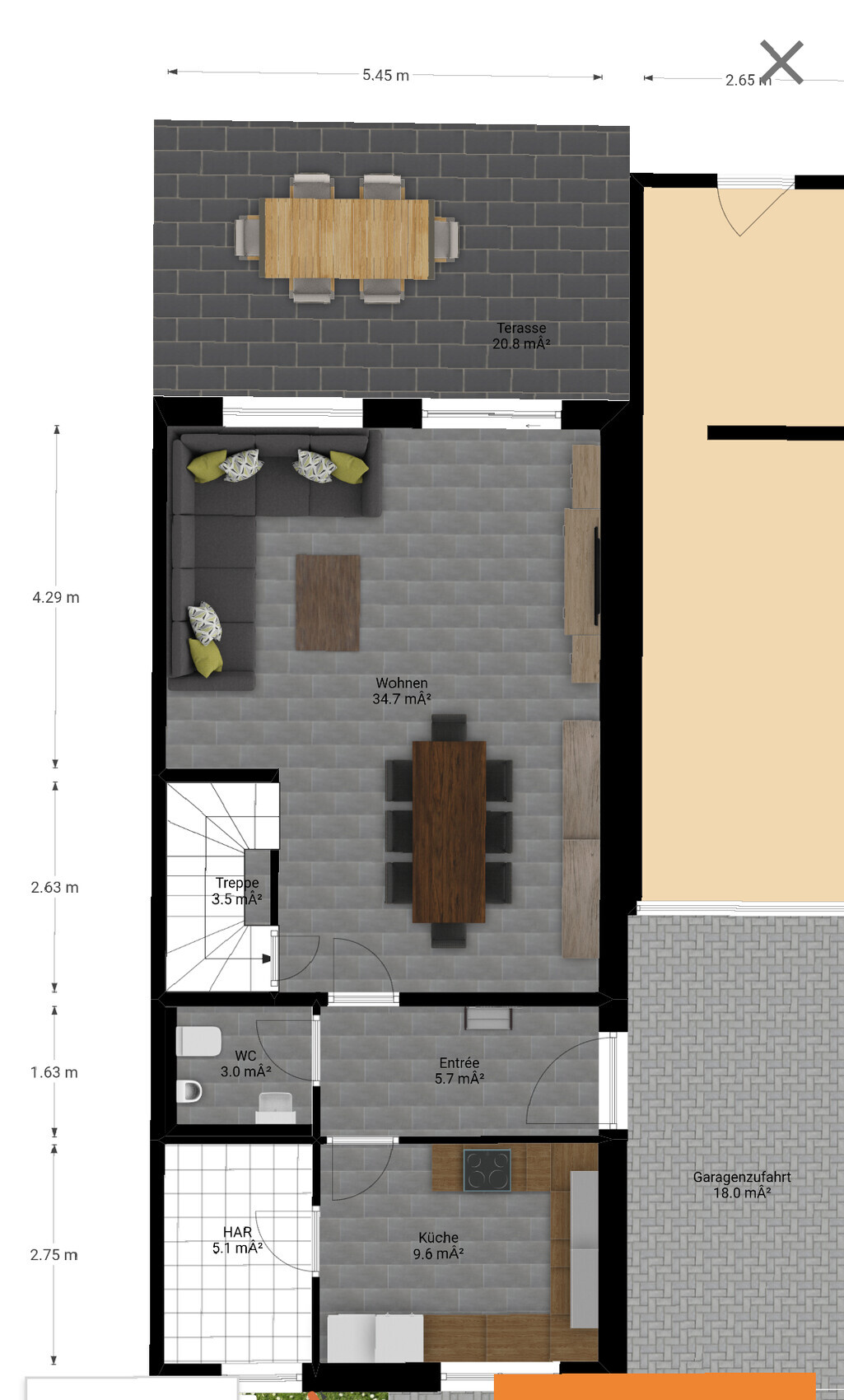 Detaillierter 3D-Grundriss eines Hauses mit Terrasse, Wohnzimmer und Küche.