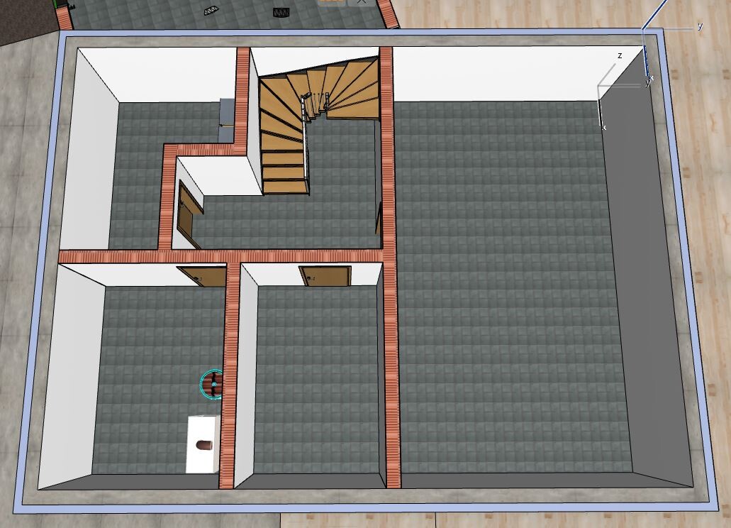 Grundriss eines Innenraums mit zentraler Treppe, roten Ziegelwänden, Türen und grauen Fliesen.
