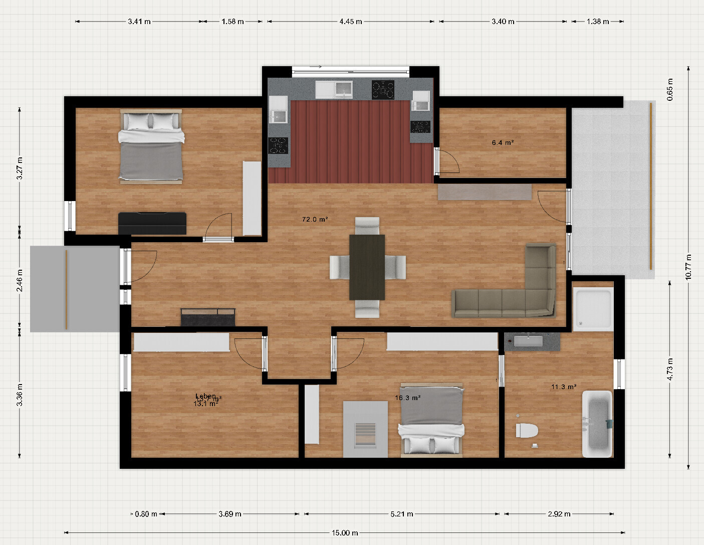 3D-Grundriss eines Wohn- und Essbereichs mit Küche, Schlafzimmern, Bad und Terrasse