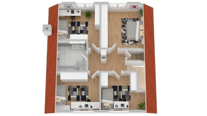 3D-Grundriss eines Hauses mit Flur, Bad, Küche und Schlafzimmern in Vogelperspektive.