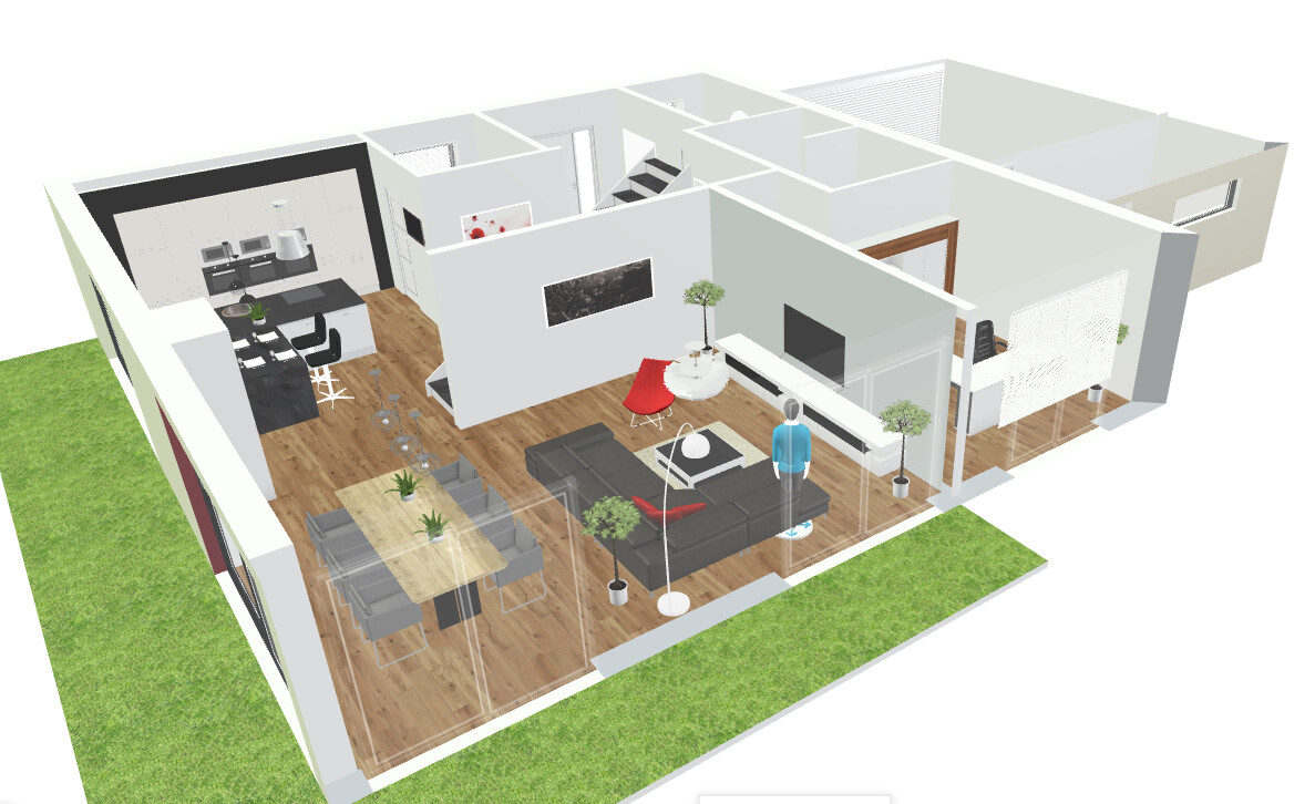 Offener Wohn- und Essbereich mit Küche, Esstisch, Sofa, TV und Pflanzen; Garten sichtbar.